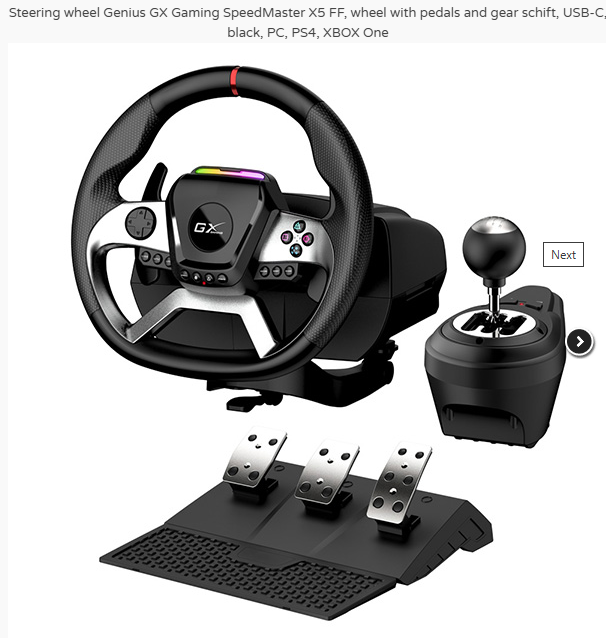 Steering wheel Genius GX Gaming SpeedMaster X5 FF, wheel with pedals and gear schift, USB-C, black, PC, PS4, XBOX One